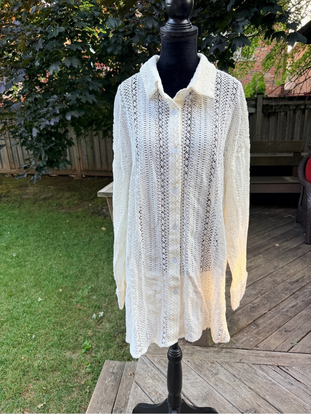 White crochet lace Button Up Long Sleeve Tunic Shirt Beach Pool Cover Up Size XL